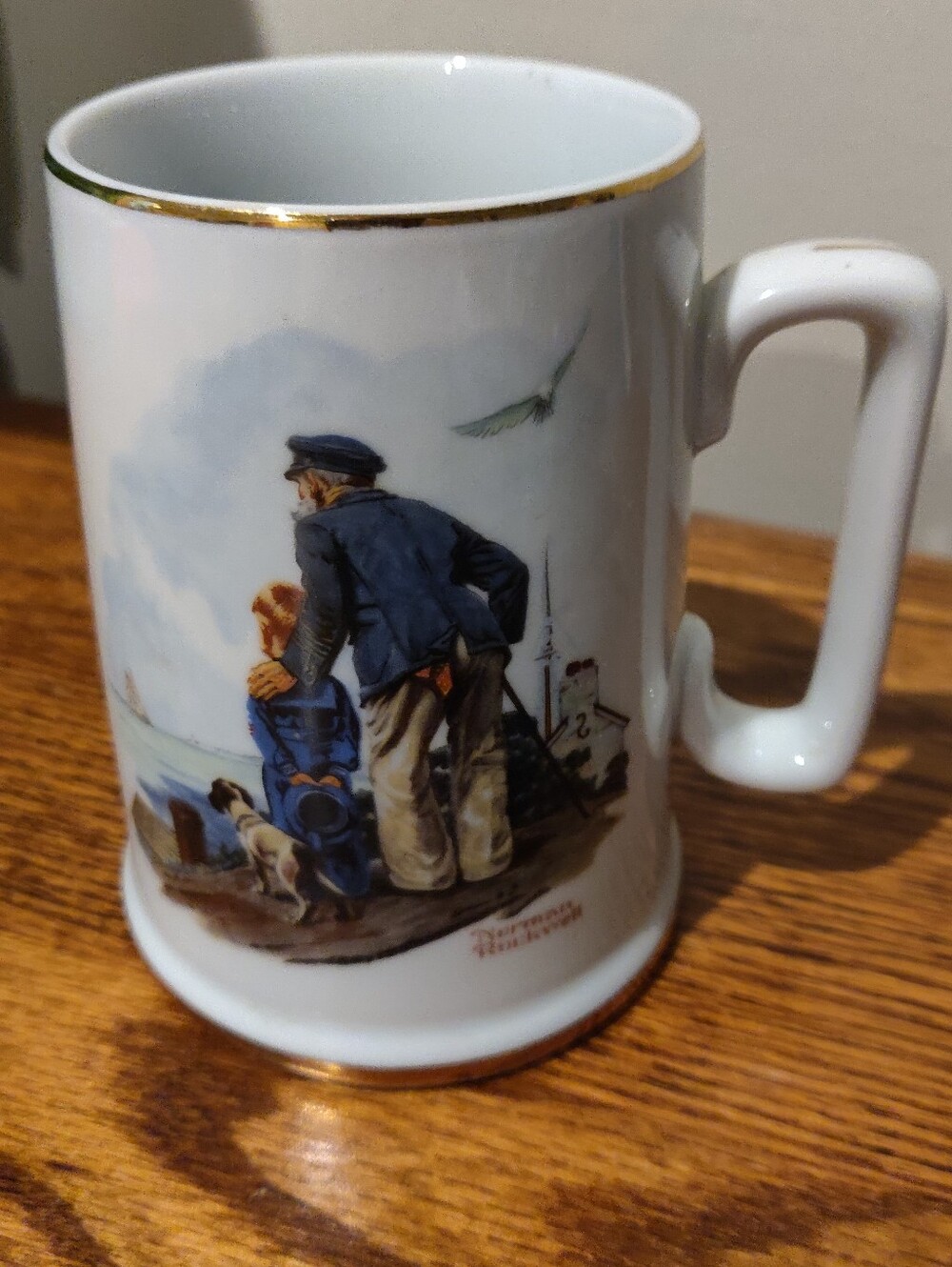 Antique Norman Rockwell Seafarers Ceramic Tankard Coastal Mug Gold Trim